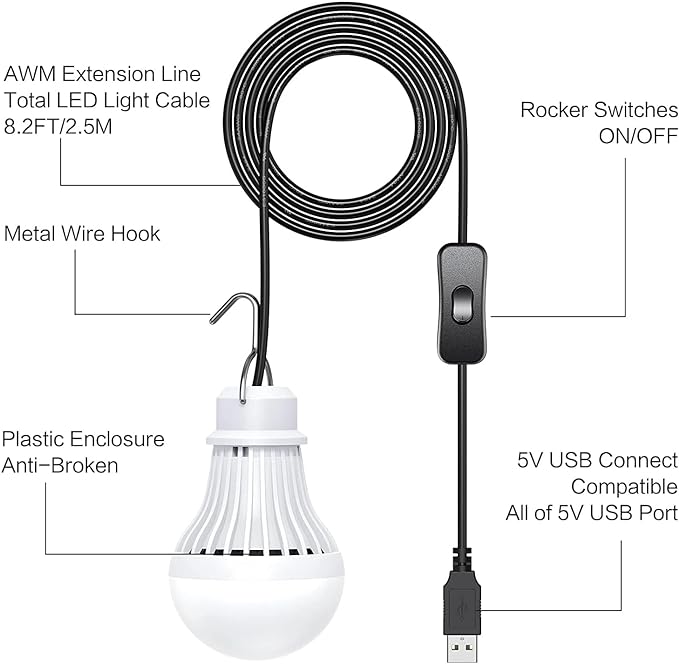 2 Pack USB LED Camping Lantern, 8.2 ft Extra Length Cord Tent Light with USB Y-Cable, Portable LED Bulb for Garage, Warehouse, Car, Truck, Fishing Boat, Room, Emergency Light, Warm