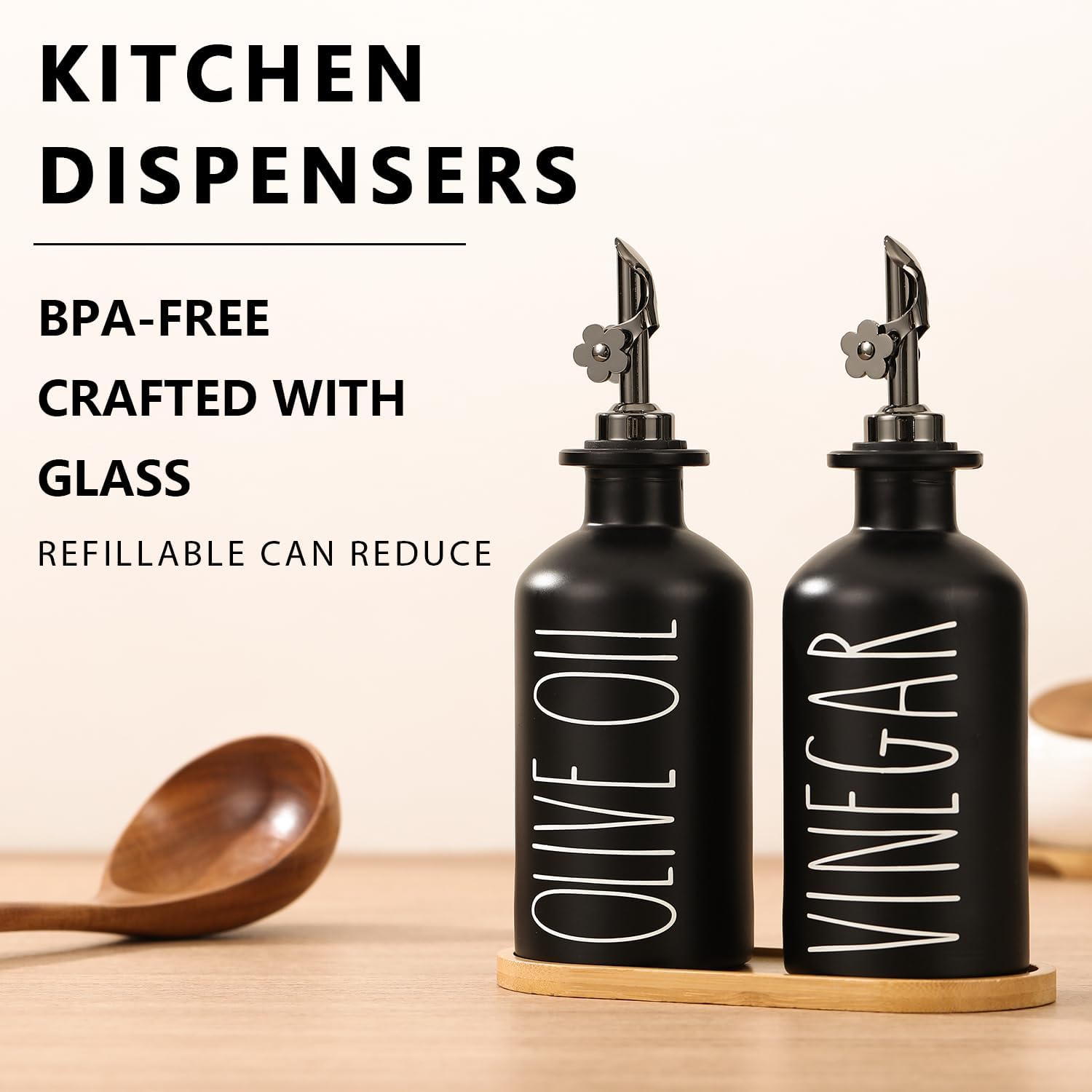 HOMCDALY Premium Olive Oil Dispenser for Kitchen, 11.8oz Glass Oil Bottles with Bamboo Tray, Black Oil&Vinegar Cruet Set, Kitchen Dispenser Bottles with Pourer | Set of 2 (11.8oz –P–Black)