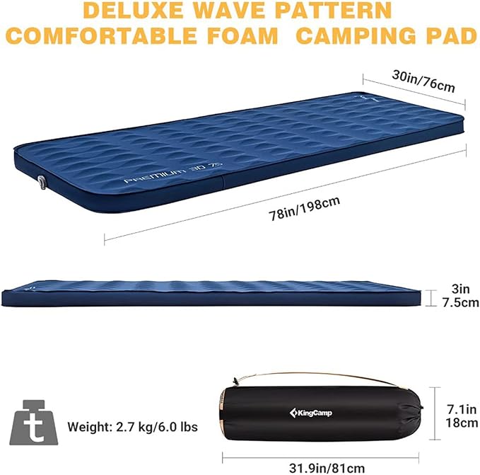 KingCamp Premium 3D Self-Inflating Camping Sleeping Pad Mattress Comfortable 3 “Thick Portable Lightweight Double Single R-Value 6.1 Warm for Winter Camping Indoor Outdoors Single-Navy