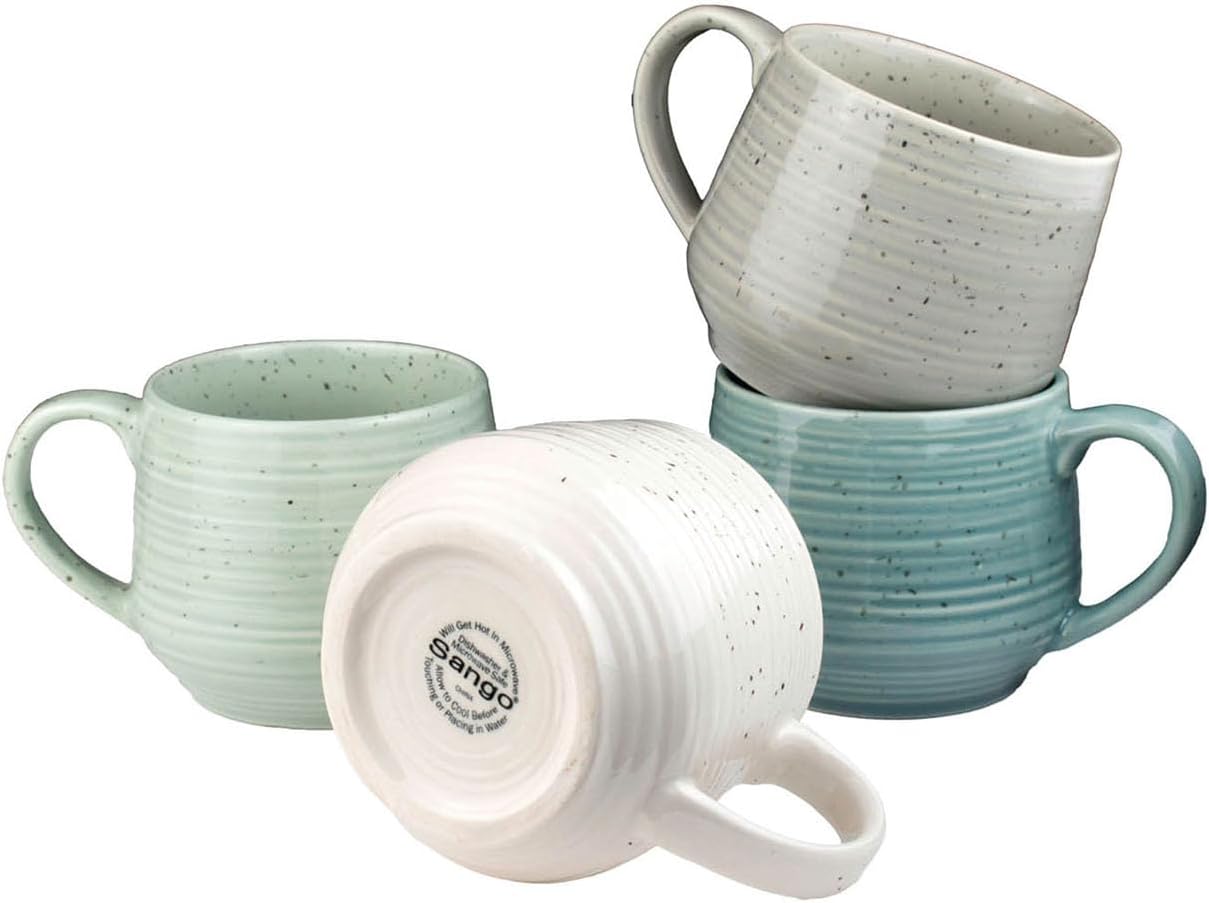 Sango Siterra Artist's Blend 17 oz. Stoneware Mug Set – Service for 4, Rustic Design, Assorted Colors, Scratch-Resistant, Microwave & Dishwasher Safe, for Everyday Dining & Entertainment