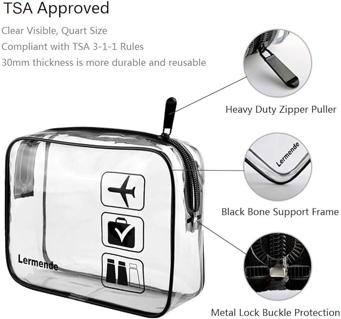 Lermende 2pcs Clear Toiletry Bag TSA Approved Travel Bag,Carry On for Travel,Airport Airline Accessories Compliant Bag,Quart Sized Makeup Cosmetic bag Women Men (Black, 5 Pack)