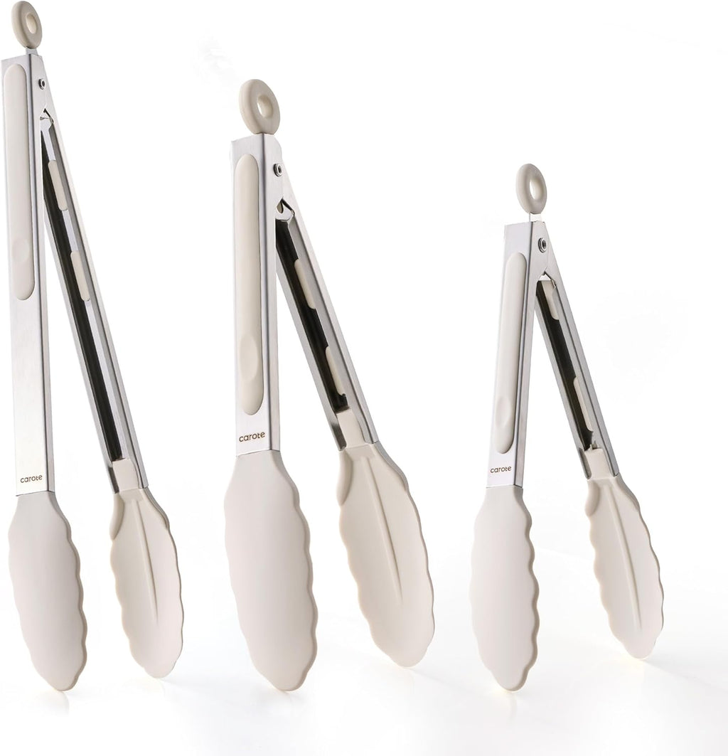 CAROTE Tongs for Cooking 428ºF Heat Resistant Locking Stainless Steel Kitchen Tongs with Non Scratch Silicone Tips, Perfect for Nonstick Cookware, BBQ Tongs Set of 3 (7"+9"+12")