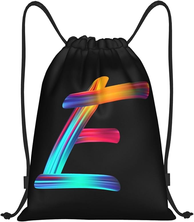 Drawstring Bags Initial Drawstring Backpack Sackpack Black Draw String Cinch Bags for Sports, Gym, Travel, Swimming, Beach, Camping, Rainbow Letter E