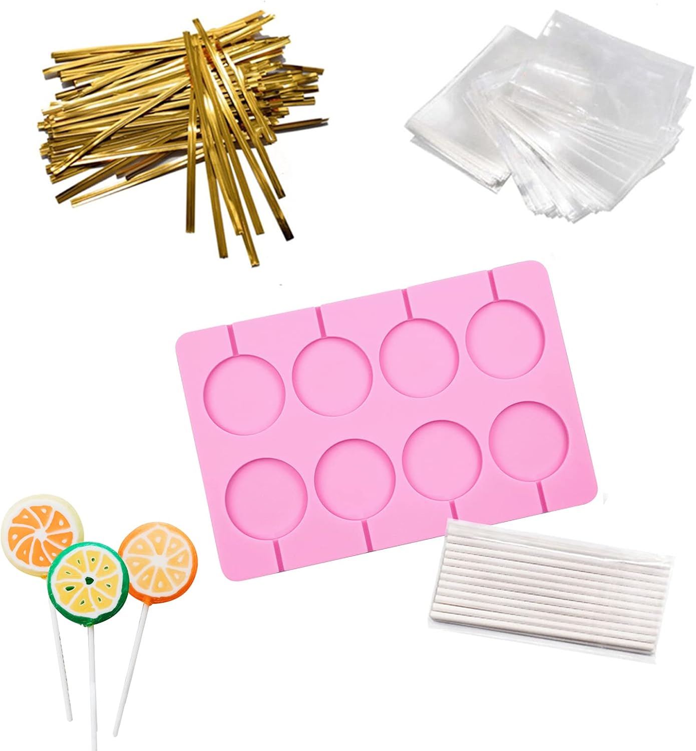 8-Capacity Large Silicone Lollipop Molds, Chocolate Hard Candy Mold with 60pcs Sucker Sticks, Candy Treat Bags, Gold Ties. Great for Sucker, Hard Candy, Lollipop, Cake pop (Large Round)