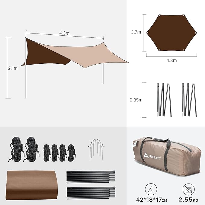 Forceatt 12x14FT Waterproof Camping Tarp with 2 Poles, Sun Shelter for Car, Tent, Hammock in Camping, Hiking, Backpacking, Garden and Traveling