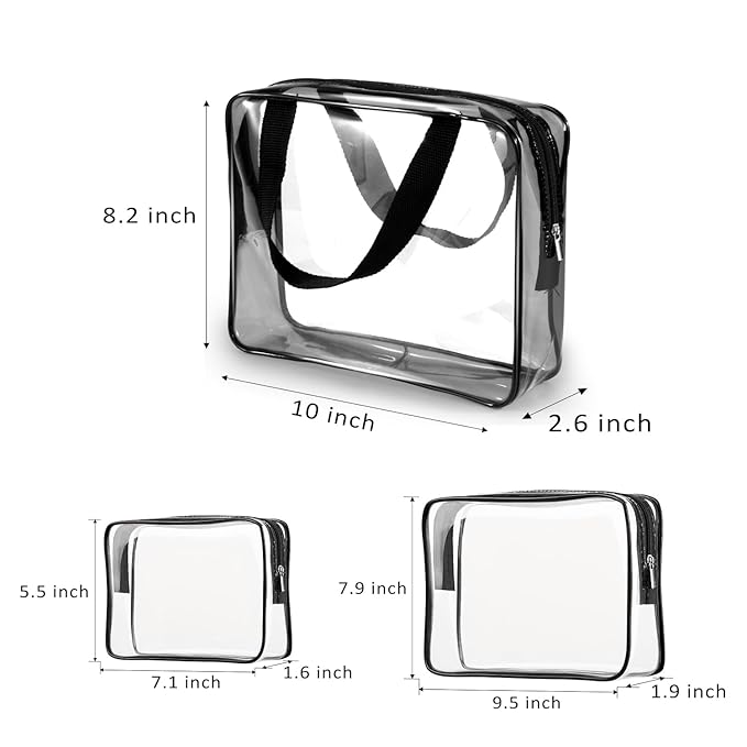 3Pcs Crystal Clear PVC Travel Toiletry Bag Kit for Women Men, Waterproof Vinyl Organizer Clear Makeup Bags with Zipper Handle Straps, Cosmetic Bag Pouch Carry on Airport Airline Compliant Bag Handbag