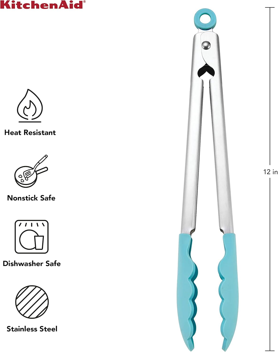 KitchenAid Silicone Tipped Stainless Steel Tongs, 12 Inch, Aqua Sky