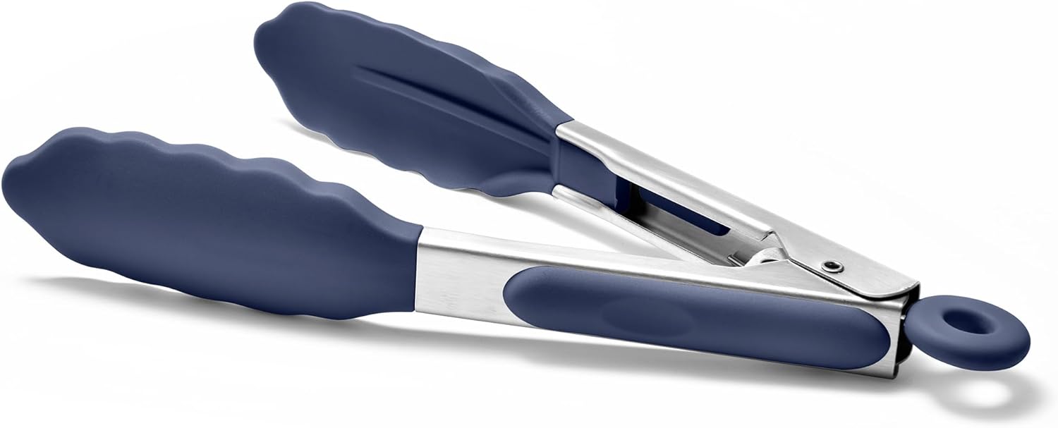 Doosu Kitchen Tong for Cooking: 600°F Heat-Resistant Silicone Food Tong, Stainless Steel Locking Tongs for BBQ (7in, Blue)