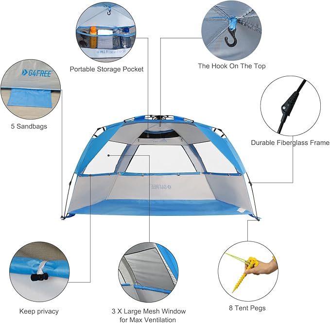 G4Free Easy Set up Beach Tent Deluxe XL, Pop up Sun Shelter for 3-4 Persons with UPF 50+ Protection Beach Shade with Extended Floor