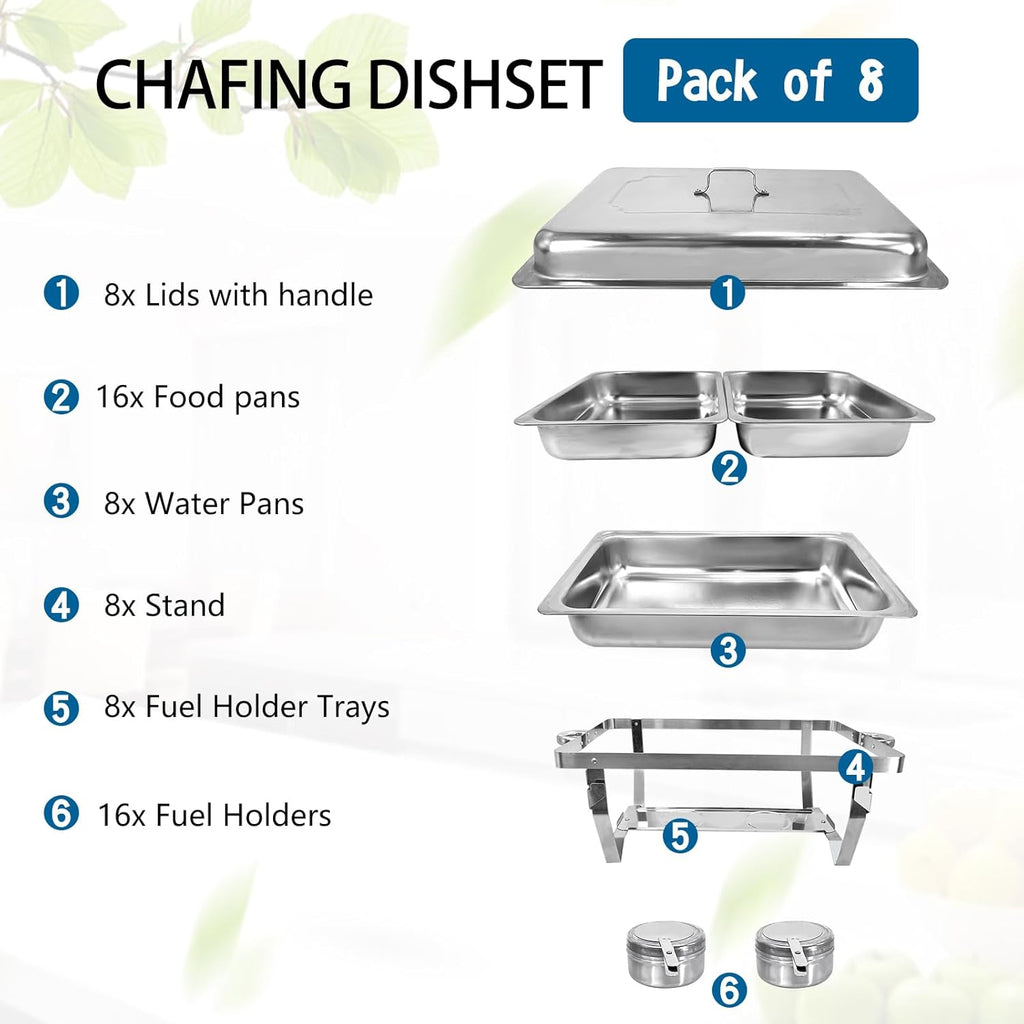 Chafing Dish for Buffet, 8 Pack Stainless Steel Chafing Servers Food Warmer Set with 8QT Half Size Food Pan for Kitchen Party Banquet Dining
