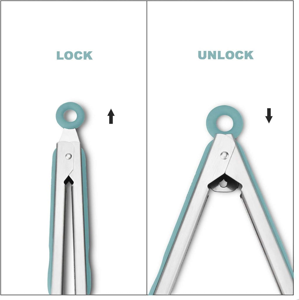 304 Stainless Steel Kitchen Cooking Tongs, 9" and 12" Set of 2 Sturdy Grilling Barbeque Brushed Locking Food Tongs with Ergonomic Grip, Aqua Sky