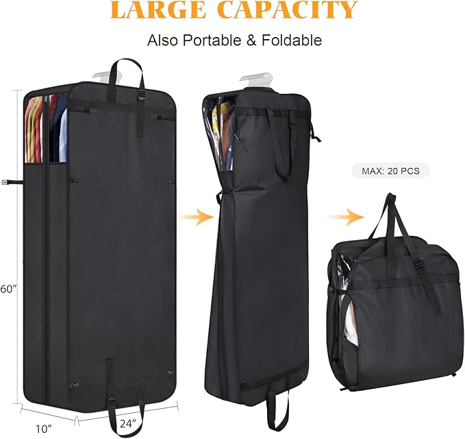 Univivi Hanging Garment Bag for Travel, 60" Heavy Duty Suit Bags, Extra Capacity Hanging Clothes Bag for Closet Storage, Dress Cover with Handles and Buckle Straps for Suit, Coat, Jacket