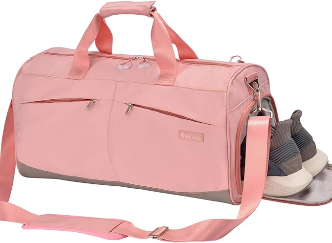 Kuston Sports Gym Bag with Shoes Compartment &Wet Pocket Gym Duffel Bag Overnight Bag for Men and Women-Pink