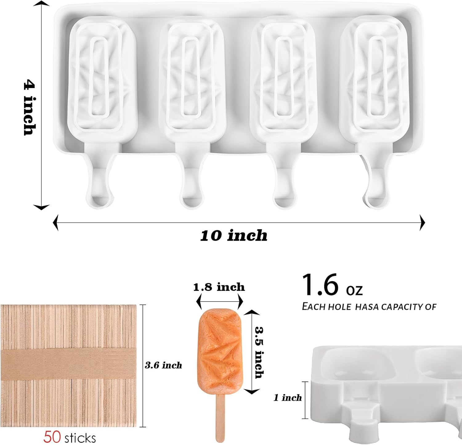 Sakolla 2 Pack Silicone Popsicle Molds, 4 Cavities Diamond Ice Cream Molds with 50 Wooden Sticks for Ice pop, Cake Pop, Cakesicles (White)