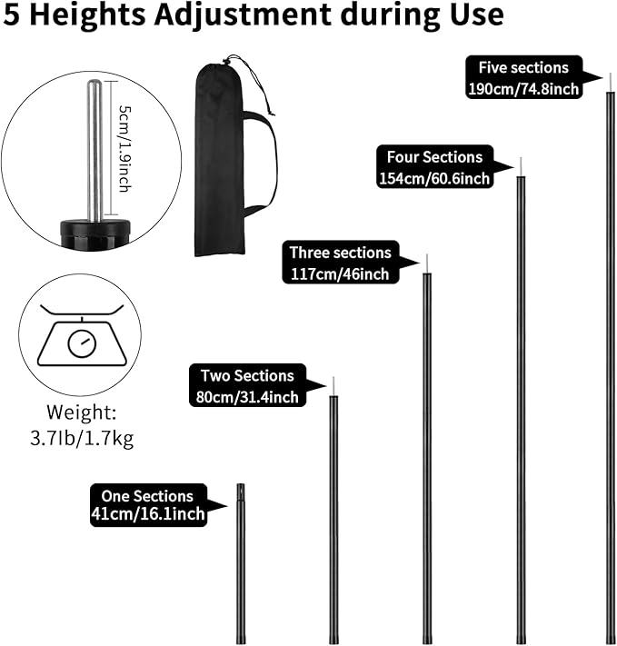 Neween Heavy Duty Tent Poles for Tarp Adjustable Camping Tarp Poles Set of 2, 74.8in Collapsible Tent Pole with a Diameter of 1in for Backpacking Hiking Awning Canopy Rain Fly Shelter (Black)