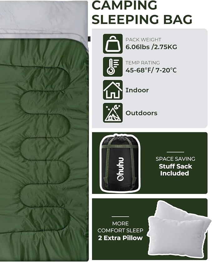 Ohuhu Double Sleeping Bag for Adults with 2 Pillows, Queen Size Two Person Sleeping Bag for Camping Hiking Backpacking 2 Person Sleeping Bags for Cold Weather & Warm