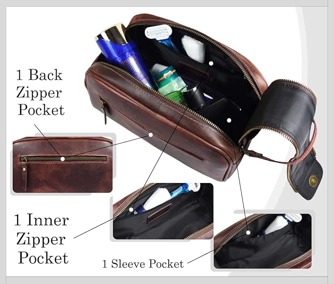 10" Premium Leather Toiletry Travel Pouch With Waterproof Lining | King-Size Handcrafted Vintage Dopp - Kit By Aaron Leather Goods (Dark Brown)