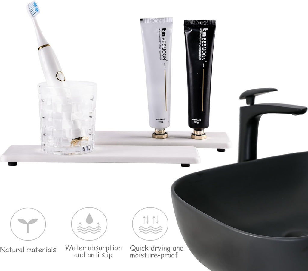 2 Pcs Water Absorbing Stone Trays, Kitchen/Bathroom Sink Soap Dish, Diatomite Tray Used for Hand Soap & Cosmetic Bottles in The Modern Home, 3.2" W x 10.2" L, White