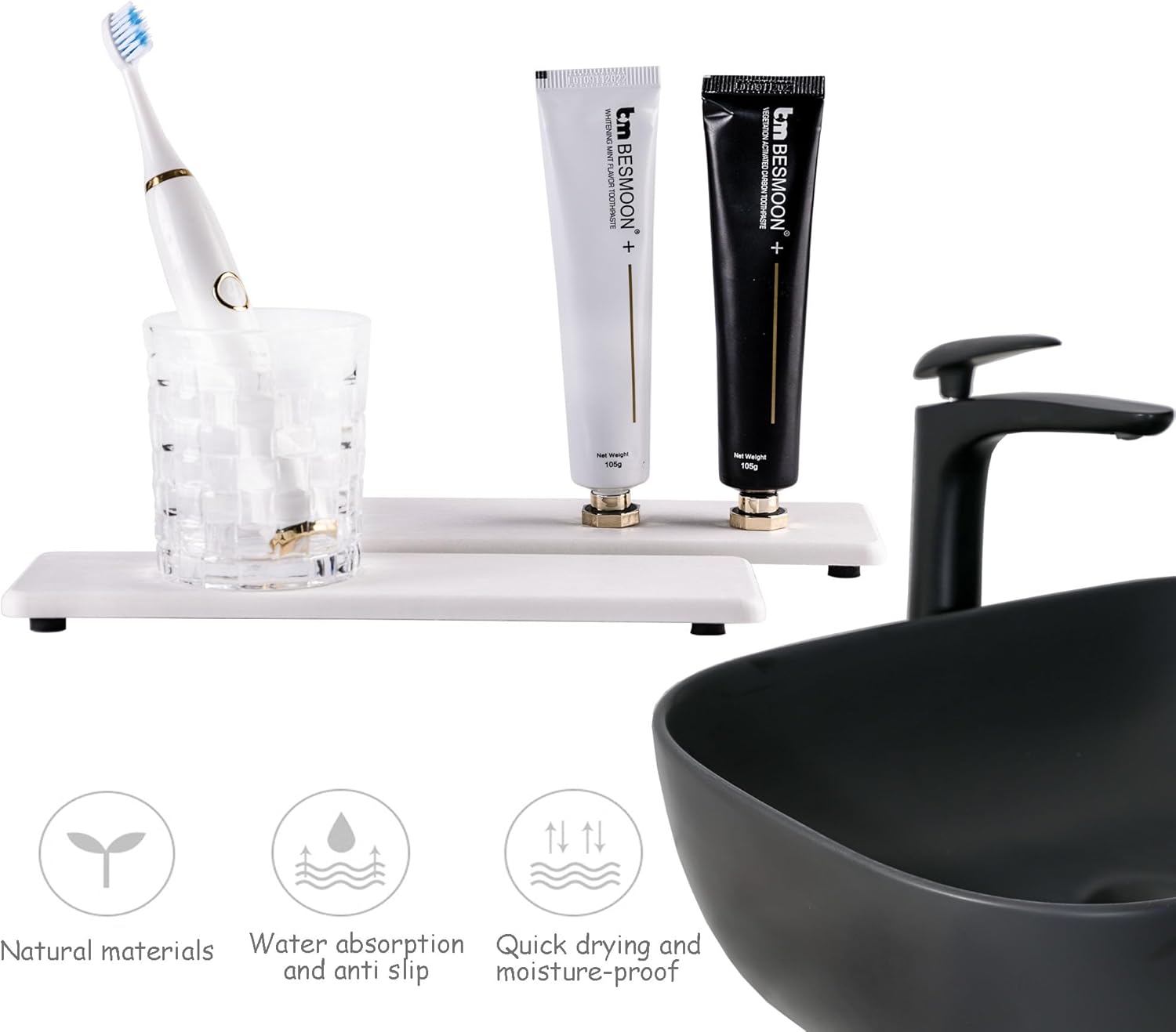 2 Pcs Water Absorbing Stone Trays, Kitchen/Bathroom Sink Soap Dish, Diatomite Tray Used for Hand Soap & Cosmetic Bottles in The Modern Home, 3.2" W x 10.2" L, White