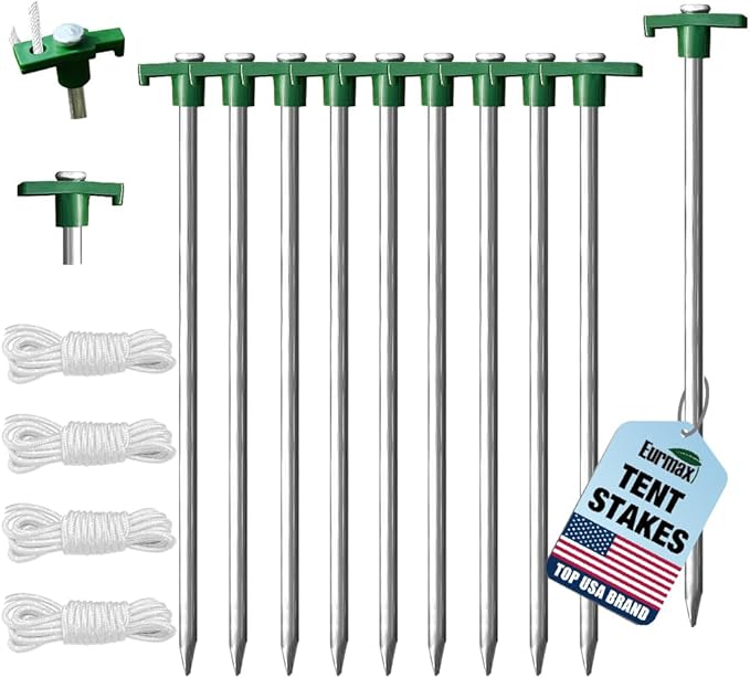 Eurmax USA Galvanized Non-Rust Camping Family Tent Pop Up Tent Stakes Canopy Anchors Heavy Duty 10pc-Pack, with 4x10ft Ropes & 1 Green Stopper