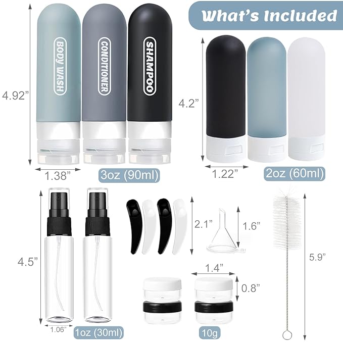 20 Pack Travel Bottles Set, TSA Approved Travel Size Toiletries Containers, Leak Proof Shampoo and Conditioner Bottles, Refillable Travel Essentials Toiletry Bottles (Dark Color)