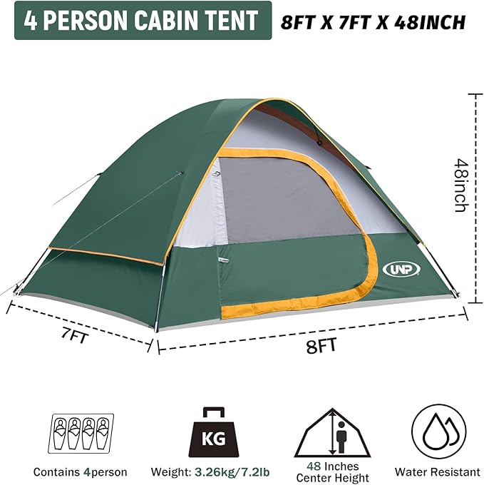 Camping Tent 4 Person, Waterproof Windproof Tent with Rainfly Easy Set up-Portable Dome Tents for Camping