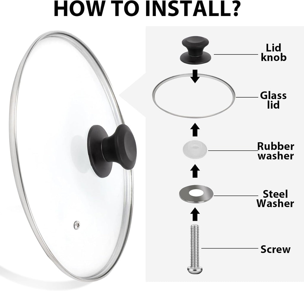 12 inch Tempered Glass Lid for Pots, Frying Pans and Skillets, Replacement Cover with Heat Resistant Black Knob Handle, Dishwasher Safe