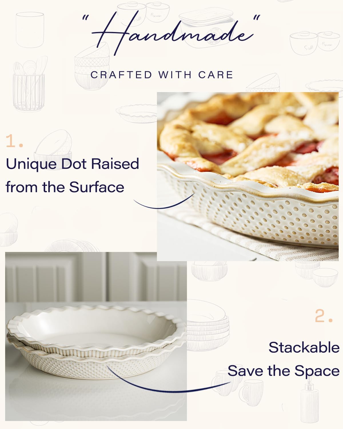 getstar Ceramic Pie Pan, 9 inch Pie Dish for Baking, Non-Stick, Oven & Dishwasher Safe, Farmhouse Decor Quiche Baking Dish, Pie Plate, Deep Dish Pie Pan (Embossed Dots)