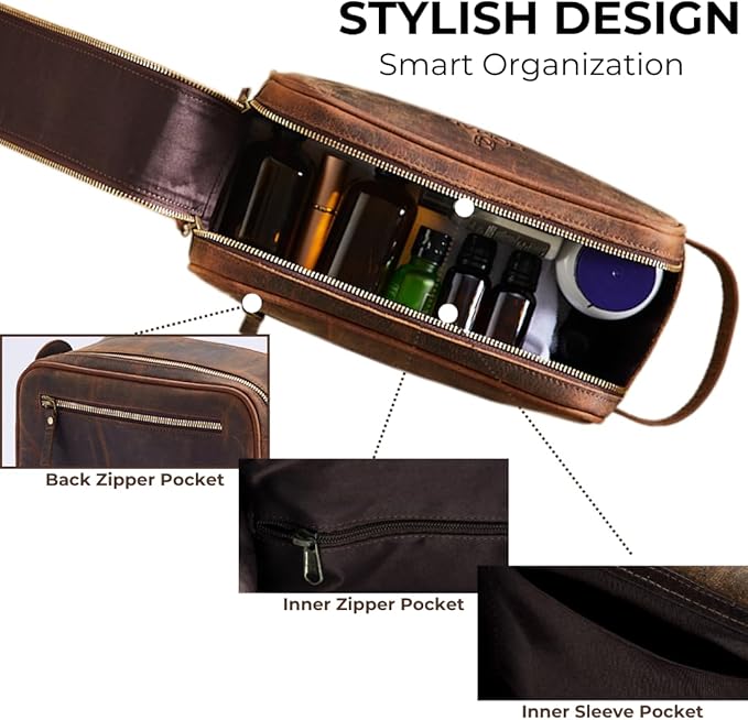 King Size Premium Leather Travel Toiletry Bag for Men and Women - Water-Resistant Dopp Kit - Mens Bathroom Bag, Shaving & Cosmetic Organizer - Toiletry Bag, Travel Bag Leather, Unisex Use