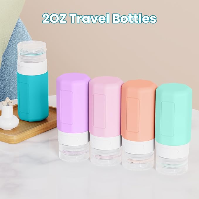 2 oz Travel Bottles, Small Size Containers, TSA Approved Silicone Travel Toiletries Bottles, Shampoo and Conditioner Kit for Women (Cream)