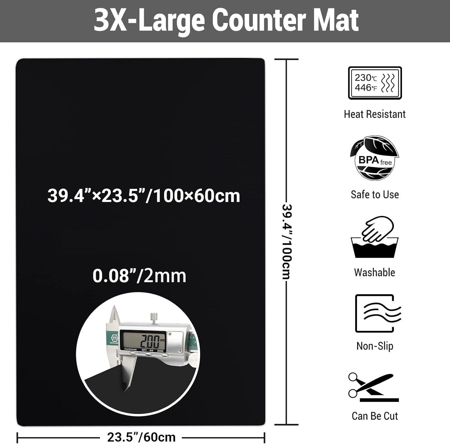 Ewen 39.4x23.5in 2mm Heat Resistant Silicone Mat, Extra Large Thick Placemat for Kitchen Counter, Workbench Countertop Protector Mat Hot Pads for Coffee Maker Bar Crafts Glass Top Stove Cover Black