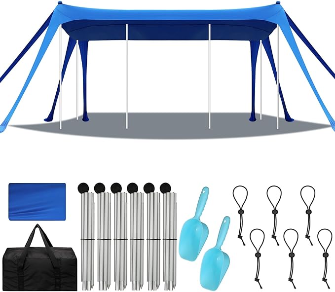 Beach Tent Sun Shelter UPF 50+ Beach Shade Canopy Pop up Tent Portable Cabana Outdoor with Aluminum Poles Sandbags Sand Shovel for Camping Fishing Trip Picnic Party