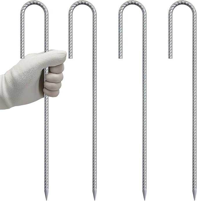 VVOKGO RebarStakes 12 Inches Long 1/4 inch Diameter 4-Pack J Hook Heavy Duty Steel Tent Pegs with Chisel Point End, Securing Pins, Soccer Goals, Camping Tents, Garden Decoration