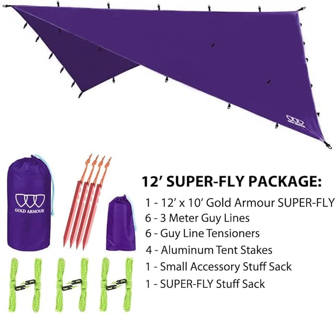 Gold Armour Rainfly Tarp Hammock, Premium 14.7ft/12ft/10ft/8ft Rain Fly Cover, Waterproof Ultralight Camping Shelter Canopy, Survival Equipment Gear Camping Tent Accessories (Purple 12ft x 10ft)