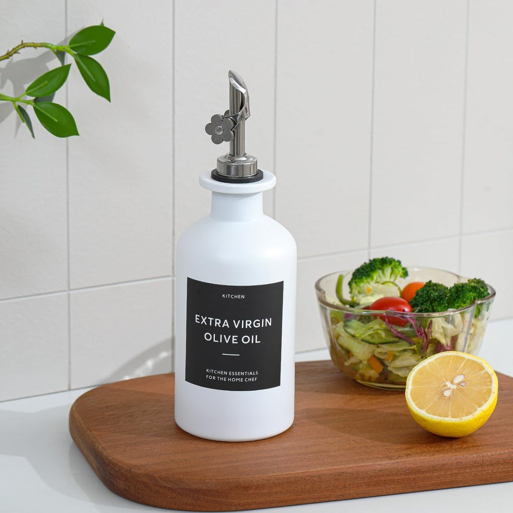 HOMCDALY Olive Oil Dispenser for Kitchen, 11.8oz Glass kitchen Dispenser Bottle, White Oil&Vinegar Cruet Set, Leakproof Oil Bottle for Cooking| Set of 2 (11.8oz – White)