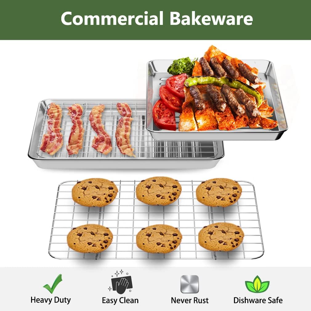 ROTTAY Small Baking Sheet Pan with Wire Rack Set [2 Pans + 2 Racks], 1/8 Stainless Steel Cookie Sheets for Oven, Warp Resistant & Heavy Duty & Rust Free, Size 9 x 7 x 1 Inches