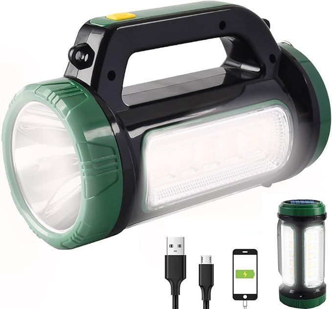 Solar Rechargeable LED Searchlight Spotlights, Super Bright 10000LM Handheld Spotlight Lantern, Multifunctional LED Lamp Camping Work Light, 6 Light Modes, Power Bank, IPX4 Waterproof