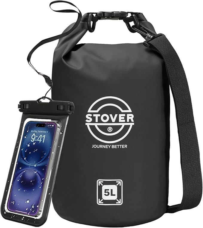 STOVER 5/10/25/30/40/55L Waterproof Dry Bag, Small Lightweight Roll Top Dry Bag Backpack w/Waterproof Phone Case, Kayaking, Travel, Hiking, Fishing, Tubing, Camping, the Beach, Men/Women (Black)