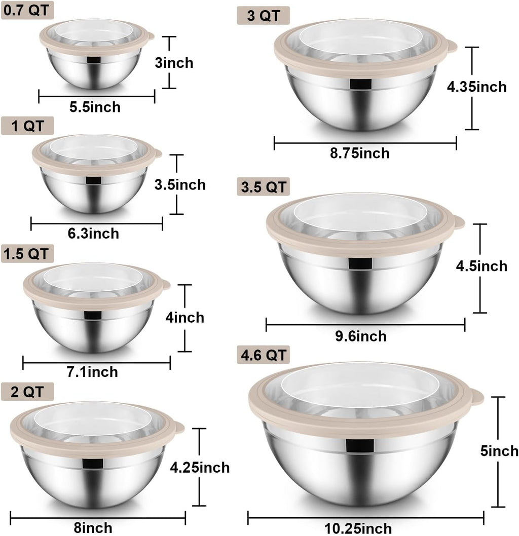 E-far Stainless Steel Mixing Bowls with Airtight Clear Lids Set of 7, Metal Nesting Bowls for Kitchen Prep, Baking, Cooking, Serving, Salad, Dishwasher Safe, Size 4.6, 3.5, 3, 2, 1.5, 1, 0.7QT, Khaki