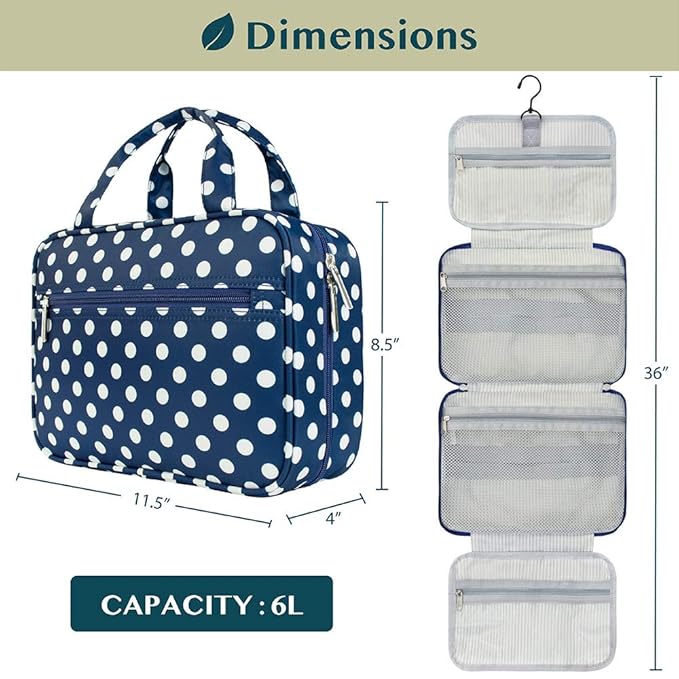 PAVILIA Hanging Toiletry Bag Travel Bag Women Men, Foldable Cosmetic Organizer, Roll up Makeup Bag, Water Resistant Accessories Toiletries, Large Travel Essentials Kit (Navy Polka Dot)