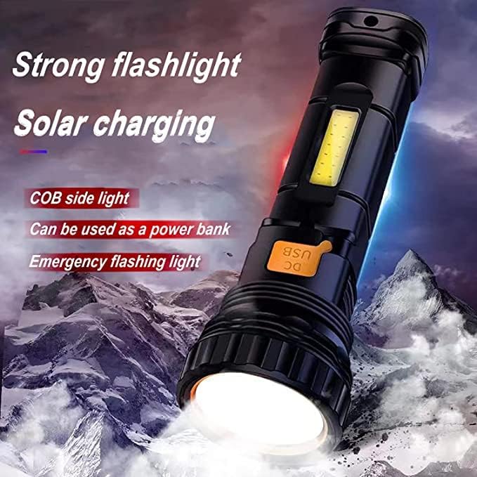 2pcs Solar/Rechargeable Multi Function 1000 Lumens LED Flashlight, with Emergency Strobe Light and 1200 Mah Battery, Emergency Power Supply and USB Charging Cable, Fast Charging (2PC)
