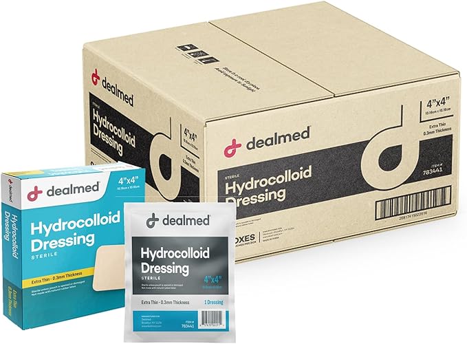 Dealmed Hydrocolloid Dressings – 4” x 4” Extra Thin Hydrocolloid Bandages, Wound Care Products for First Aid Kits, Box of 10, 24 Per Case and Individually Packed