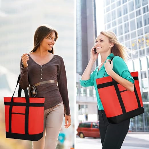 2Pk Insulated Reusable Tote Bag for Grocery Shopping for Women, Pizza/Food Delivery Bag to Keep Food Cold/Hot for Uber Eats/Doordash/Grubub, Cooler bags for Travel/Beach/Picnic, Red