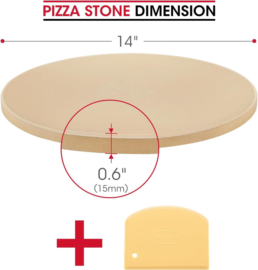 Unicook 14 Inch Round Pizza Stone, Heavy Duty Cordierite Baking Stone for Oven and Grill, Thermal Shock Resistant, Ideal for Baking Crispy Crust Pizzas, Bread, Pies and More, Includes Dough Scraper