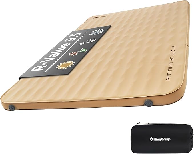 KingCamp Double Sleeping Pad, 2 Person Queen R 7.9 Self Inflating Sleeping Pad 3" Thick Full Size Foam Mattress Mat with 3D Sidewalls & Wave Surface Cut for Camping Tent Car, PVC Free (Khaki)