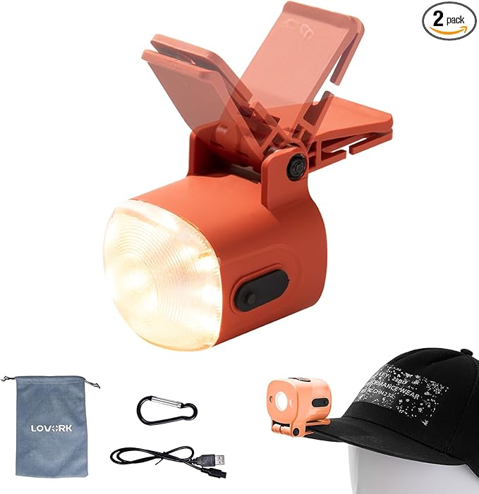 2-Pack Mini Hands Free Rechargeable Hat Light Camping Lanterns Magnetic IPX4 Waterproof Clip on Ultra Light for Emergency, Outdoor, Camping, Fishing, Biking, Night Running (Red)