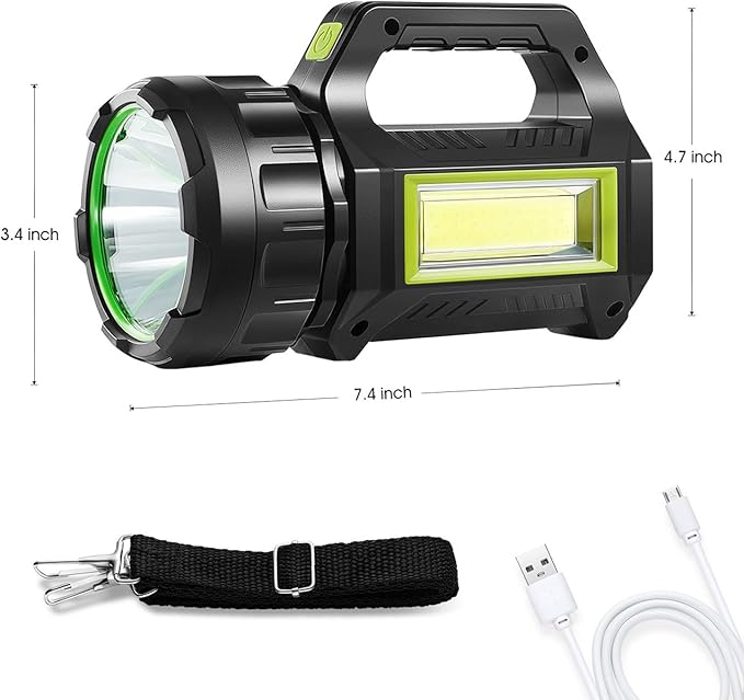LED Searchlight LED Lantern, Solar Rechargeable Super Bright 10000LM Handheld LEDs Spotlight, Multifunctional Camping Lamp Work Lights, 7 Light Modes, Power Bank, IPX4 Waterproof, for Emergency