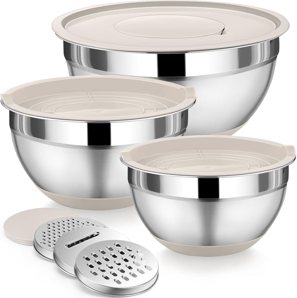 P&P CHEF Mixing Bowl with Lids Set of 3, Stainless Steel Nesting Salad Bowls for Serving Preparing, 3 Grater Attachments & Non-Slip Bottoms, Size 1.5/2.6/4.6 QT, Khaki