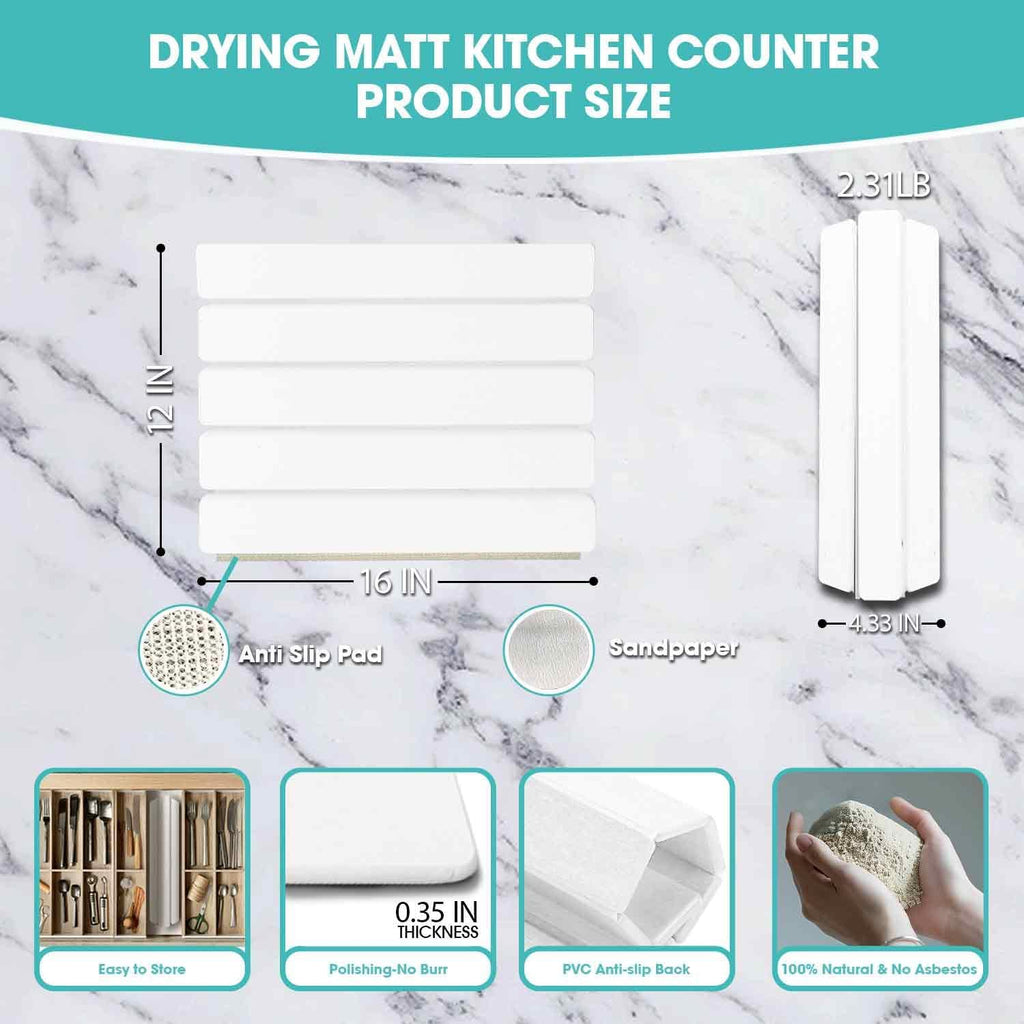 Dish Drying Mat Stone Bath Mat Diatomaceous Earth Stone Drying Mat For Kitchen Counter Sink Bath Mat Quick Dry Non Slip Foldable Dish Drying Rack Mat Small(16"×12" White)