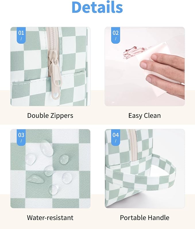 Narwey Checkered Clear Makeup Bag Cosmetic Bag with Zipper for Travel, Clear Toiletry Bags for Traveling Toiletries Women Men, Make Up Pouch with Handle, Skincare Bag (Mint Green Checkerboard)